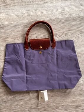 Women's Purple Tote Bag with Brown Leather Handles